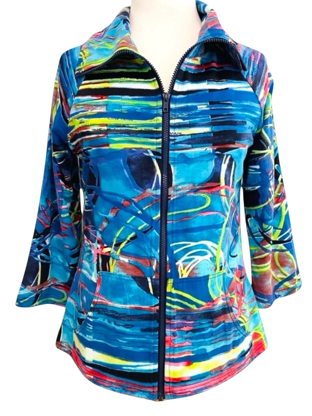 Parsley & Sage Wearable Art jersey Jacket Abstract Print Colorful Zip up Small